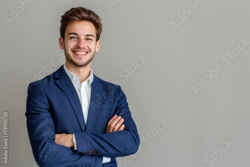 Portrait of business and Asian man in studio with arms crossed for broker, financial advisor, or suit on white background. Happy investment planner, corporate style, or confidence