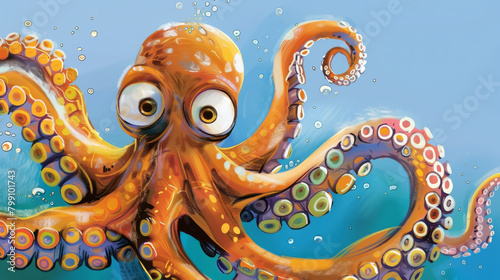 A goofy octopus surrounded by bubbles expresses playfulness in an underwater setting
