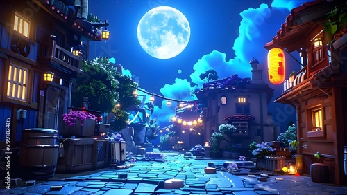 Tranquil night view in a charming alley under a glowing full moon. Concept Night Photography, Charming Alley, Full Moon, Tranquil Atmosphere
