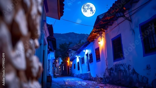 Tranquil night setting in a charming alley illuminated by the full moon. Concept Night Photography, Full Moon, Charming Alley, Tranquil Setting