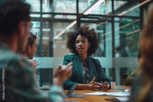 Professional woman presenting ideas to a diverse group of coworkers in a modern boardroom