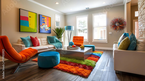 modern family room with solid wood flooring and colorful rugs featuring a white couch, blue and ora