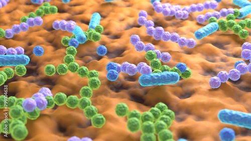 microbiota bacteria cells 3d representation. Can be used to represent the immunity system, probiotic bacillus cells, epidemiology enterobacteria