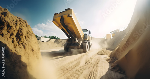The excavator works diligently to load sand into an industrial truck on a suffocating day, highlighting its resilience and efficiency.