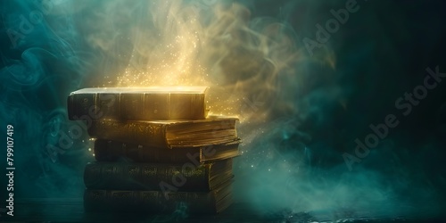 Mysterious Stacks of Glowing Fantasy Tomes Enveloped in Mystical Mist