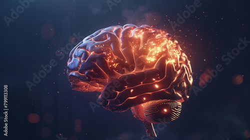 a human brain, side view, highlighted areas indicating cognitive functions, set against a dark background with spotlights, Generative AI
