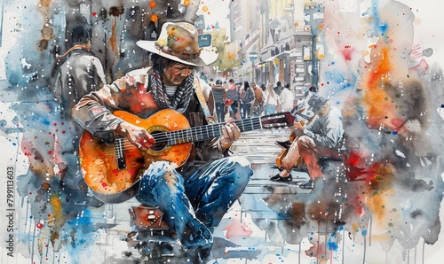 A street musician in a cowboy hat plays guitar on a lively city street, watercolor drawing