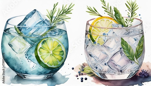 set of two glasses of Gin and tonic alcoholic drink watercolor illustration png isolated on a transparent background, cocktail clipart