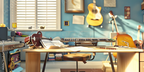 Close-up of a music therapist's desk with musical instruments and therapy plans, showcasing a job in music therapy
