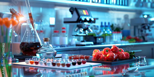 Close-up of a food scientist's desk with food samples and lab equipment, representing a job in food science