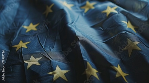 Close-up of a European Union flag with golden stars on blue fabric. European Flag background