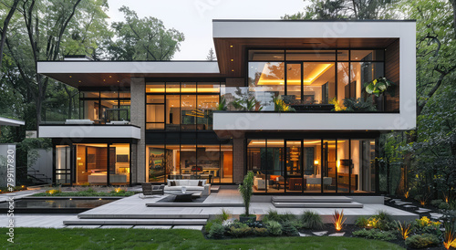 A modern, two-story house with large windows and an exterior of white stucco walls and black accents, surrounded by lush greenery in the suburbs of Toronto. Created with Ai