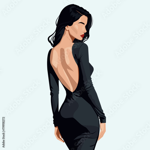 Vector flat fashion illustration of a beautiful sexy young woman in an elegant dress with a bare back. Back view. 