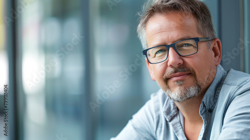 Portrait of a handsome man with glasses and a goatee in a casual shirt. Middle aged male business professional portrait