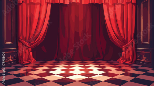 Red room. Horisontal background with red velvet cur