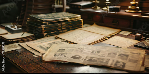 Close-up of a genealogist's desk with family tree charts and historical records, representing a job in genealogy research