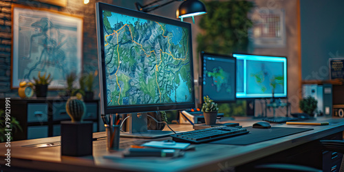 Close-up of a GIS analyst's desk with geographic information system maps and data, showcasing a job in GIS analysis