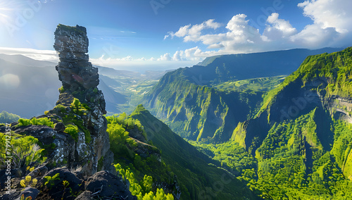 view of the lush green mountains and cliffs in Reunion Island, a giant sharp stone pillar is standing tall on top of it, sunny day,