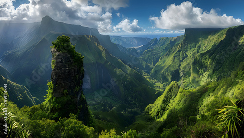 view of the green mountains and lush forests in Reunion Island, showcasing its rugged terrain with towering cliffs overlooking vast valleys