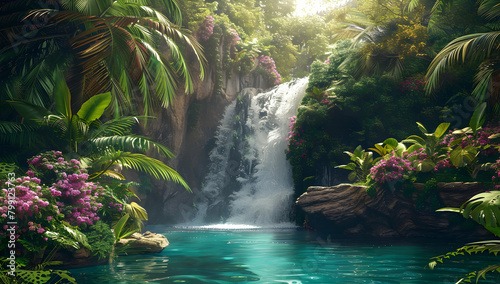A majestic waterfall cascades down from the lush green canopy of an enchanted rainforest