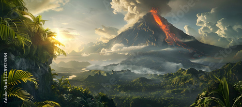 A fantasy landscape of an erupting volcano in the jungle, with clouds and smoke rising from it's peak