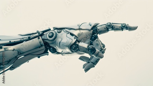 Cyborg hand finger pointing, technology of artificial intelligence. Steel futuristic arm, type of bionic arm with similar functions to a human arm isolated on white. with copy space