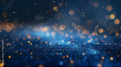 Elegant blue background silk fabric glitter. abstract background with Dark blue and gold particle. Christmas Golden light shine particles bokeh on navy blue background. Holiday concept.