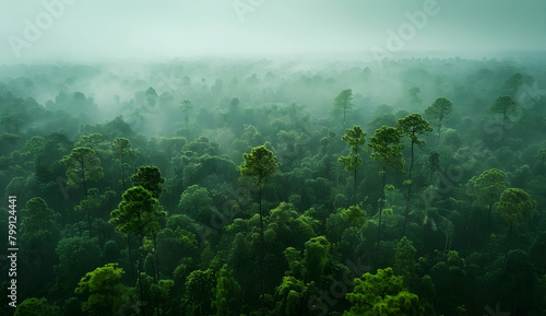 A dense rainforest canopy shrouded in mist, with trees reaching towards the sky