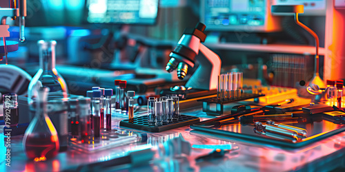 Close-up of a forensic scientist's desk with forensic evidence and lab equipment, symbolizing a job in forensic science