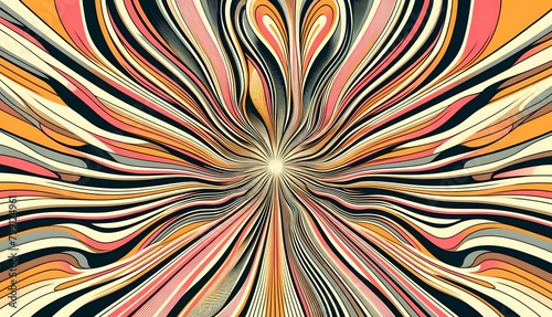 Vibrant Burst: Dynamic Wavy Lines in a Spectrum of Reds, Oranges, and Yellows Radiating from a Central Point