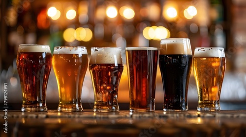 Glasses with craft beer on wooden bar. Tap beer in pint glasses arranged in a row. Closeup of five glasses of different types of draught beer in a pub. digital ai