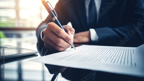 Close-up of a business executive's hand holding a fountain pen, signing a contract, highlighting the formality and significance of the agreement. 