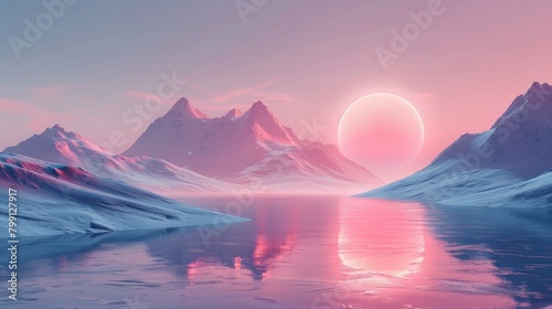Serene Sunset Over a Snow-Covered Mountain Range and Reflective Waters pink color