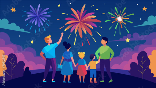 The evening sky was ablaze with color as the family gathered together to set off their own spectacular fireworks show.. Vector illustration