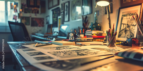 Close-up of a graphic novelist's desk with storyboard sketches and digital illustration tools, showcasing a job in graphic novel creation