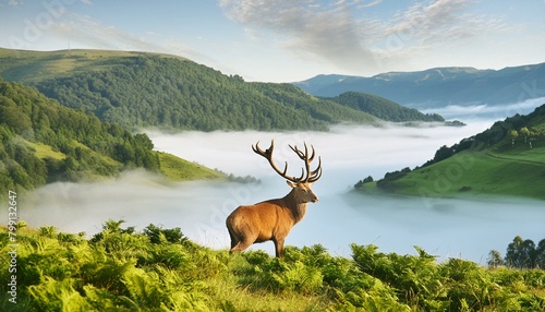 The Monarch's Gaze: A Regal Stag Overlooking a Mist-Covered Glen