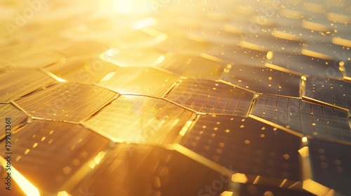 A photorealistic closeup of a solar panel array bathed in golden sunlight, capturing the clean energy revolution 