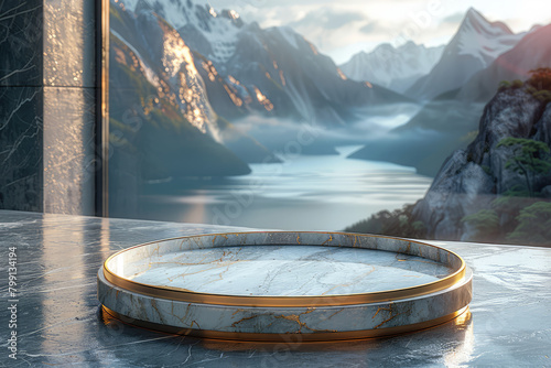  A luxurious gold serving platter with marble accents, set against the backdrop of majestic snowcapped mountains in winter. Created with Ai