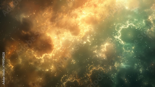 An abstract background of light brown and green clouds and stars.