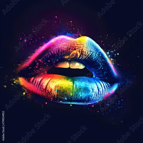 A vibrant, rainbow-painted lips image with a transparent background