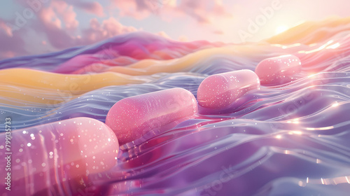 Surreal candy hills gently dip into sparkling, serene waters under a warm, radiant sunset sky. 