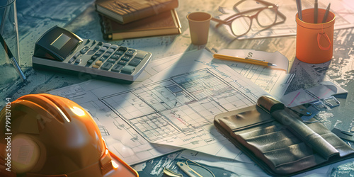 Close-up of a construction estimator's desk with project blueprints and cost estimates, showcasing a job in construction estimation