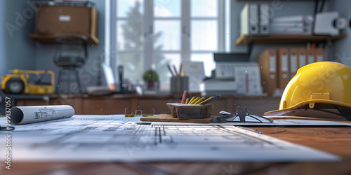 Close-up of a construction estimator's desk with project blueprints and cost estimates, showcasing a job in construction estimation