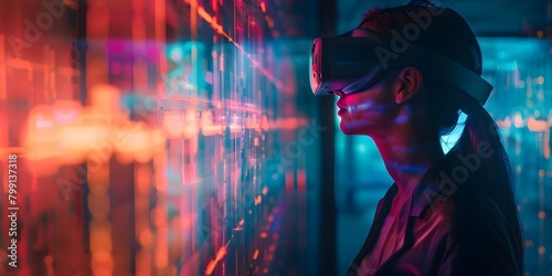 A man contemplating the future of virtual reality in a futuristic neon lit interactive exhibit showcasing technological innovation and immersive