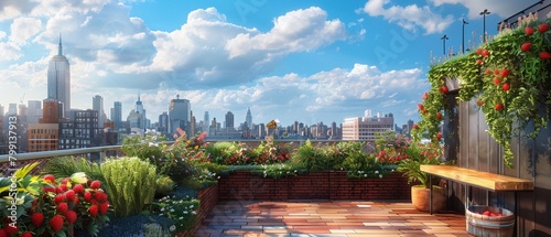 3D rendering of a luxurious rooftop garden with strawberries growing abundantly, city skyline in the background, modern and chic