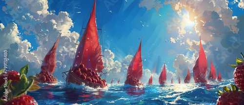 A playful 2D seascape where strawberries replace traditional sailboats, racing under a bright, sunny sky