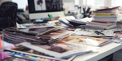 Close-up of a fashion editor's desk with fashion magazines and trend reports, showcasing a job in fashion journalism