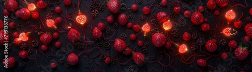 An abstract 2D piece with light bulbs and strawberries arranged in a pattern, resembling a modern art installation