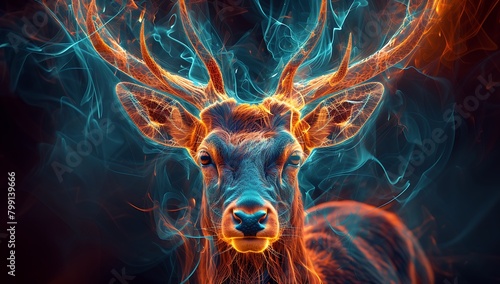 Deer shining beautifully in neon light,ネオンライトで美しく輝いている鹿、Generative AI 