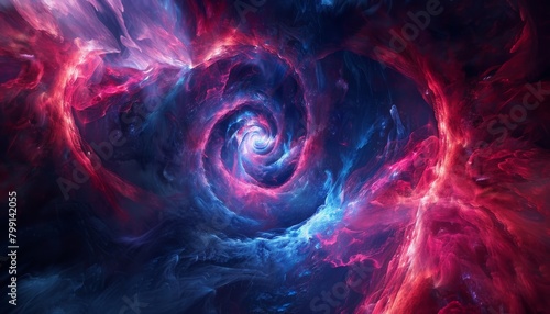 An otherworldly abstract composition with a swirling vortex of indigo blue and crimson, reminiscent of a nebula in deep space 
